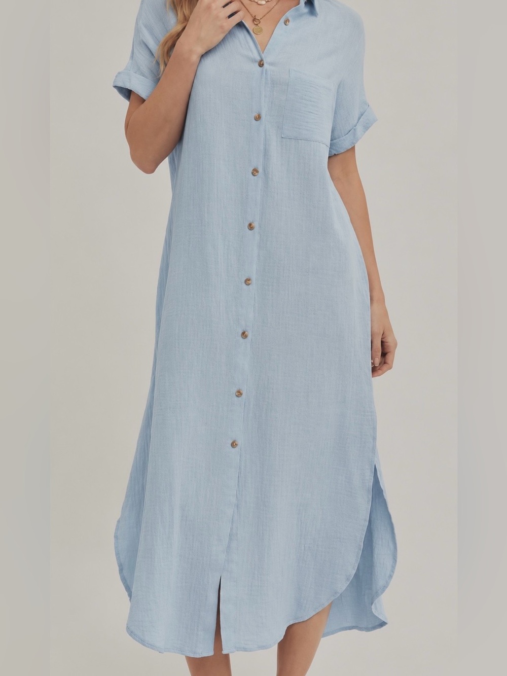 Light Blue Cotton Button-Front Shirt Dress with Pockets. Large